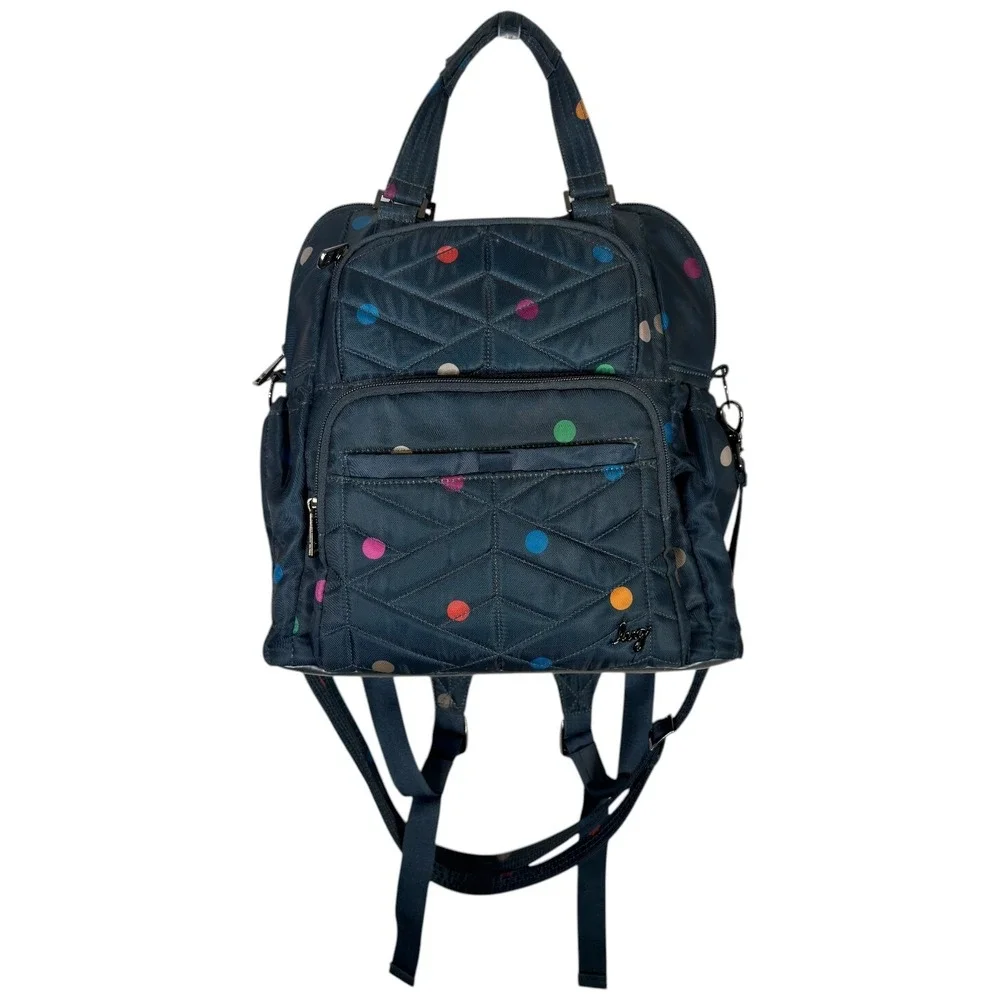 Lug Canter Backpack Tote Navy Polka Dot Convertible Travel Bag